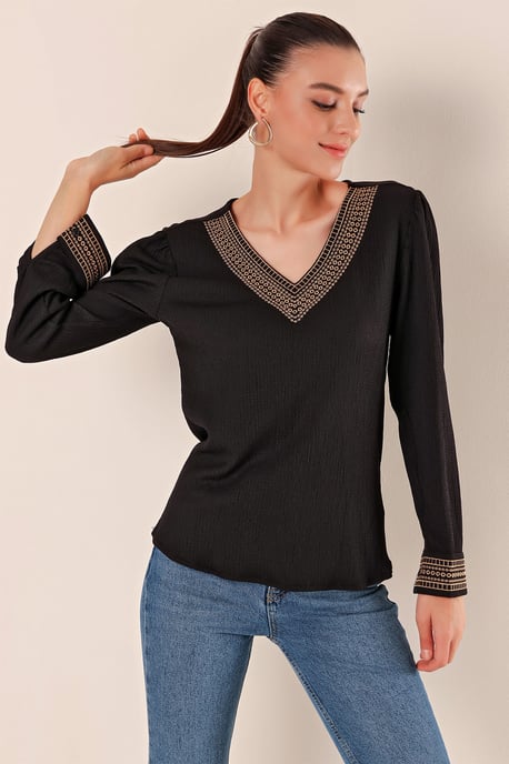 Broderad Texturerad V-hals Blus - Image 3