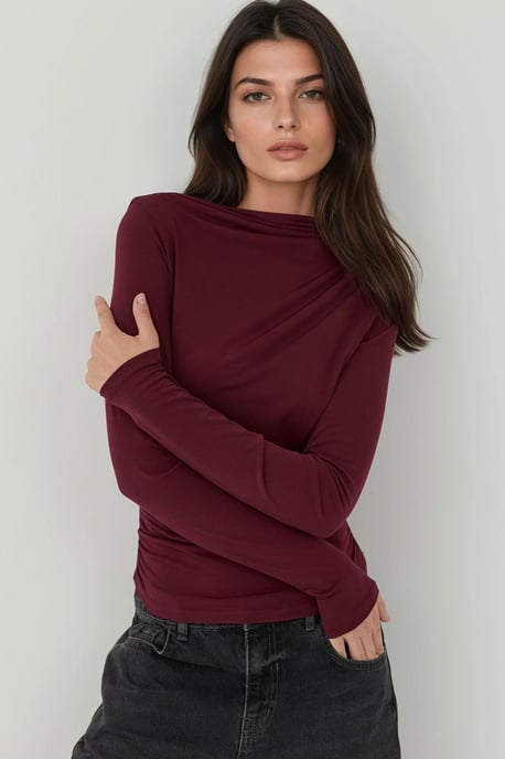 Boat Neck Blouse with Gathering Detail - Image 1
