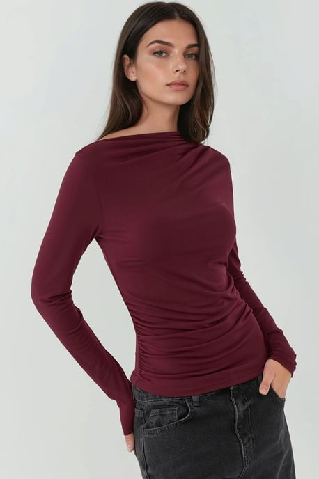 Boat Neck Blouse with Gathering Detail - Image 2