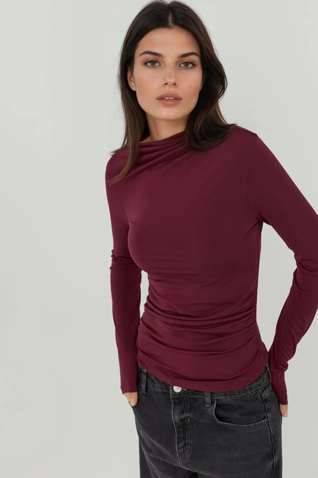 Boat Neck Blouse with Gathering Detail - Image 3