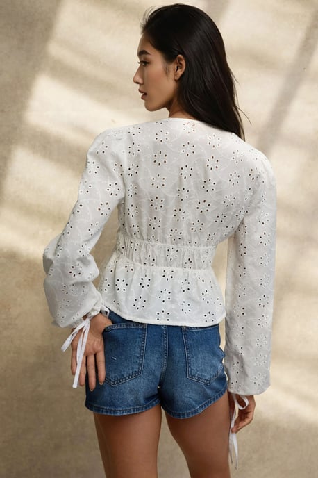 Elegant Texturerad V-ringad Blus med Ballongärmar - Image 3