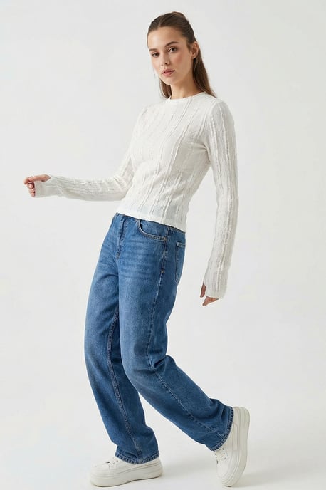 Geribbelde Rundhals Lange Mouw Blouse - Image 3