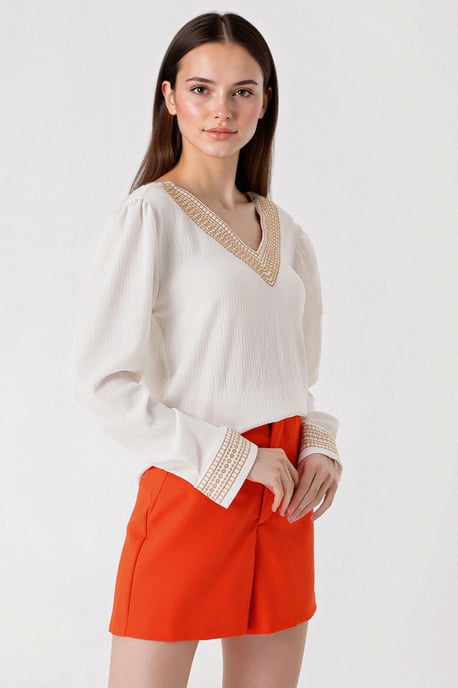 Embroidered Textured V-Neck Blouse - Image 2