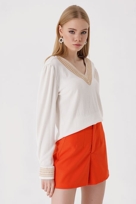 Embroidered Textured V-Neck Blouse - Image 3