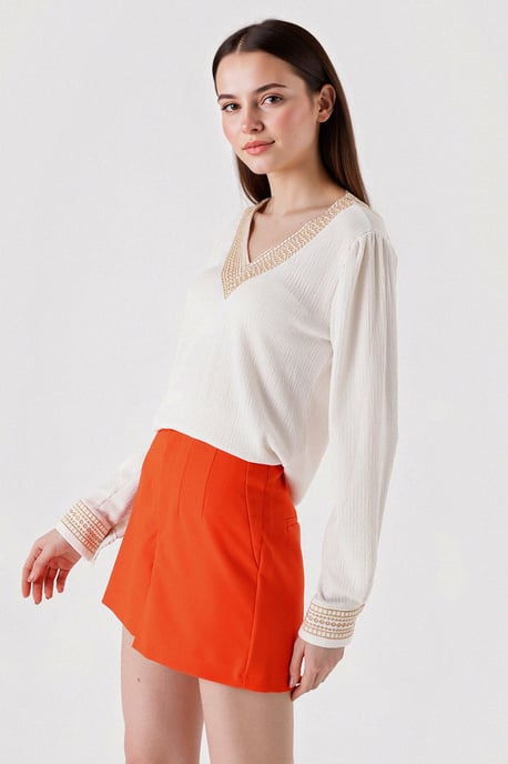 Embroidered Textured V-Neck Blouse - Image 4