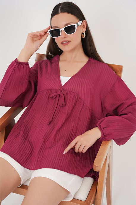 Textured Seersucker V-Neck Blouse with Bow Tie - Image 1