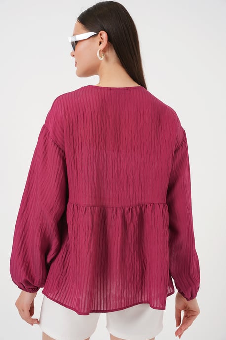 Textured Seersucker V-Neck Blouse with Bow Tie - Image 6