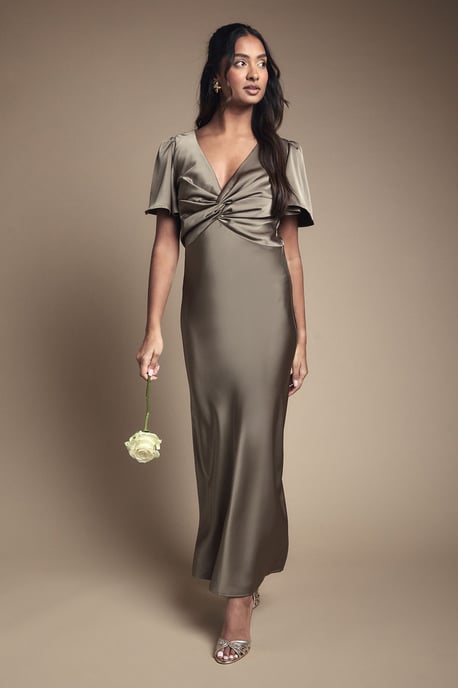 Olive Satin Twist Front Angel Sleeve Midi Bridesmaid Dress - Image 1