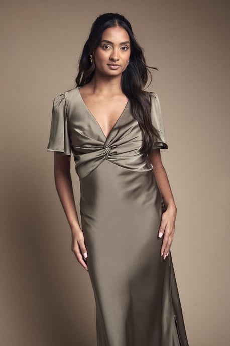 Olive Satin Twist Front Angel Sleeve Midi Bridesmaid Dress - Image 2