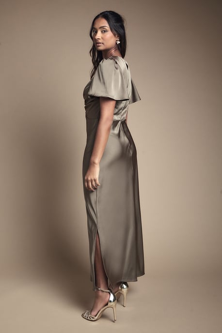 Olive Satin Twist Front Angel Sleeve Midi Bridesmaid Dress - Image 3