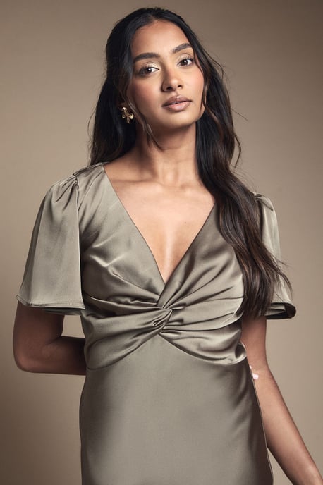 Olive Satin Twist Front Angel Sleeve Midi Bridesmaid Dress - Image 4
