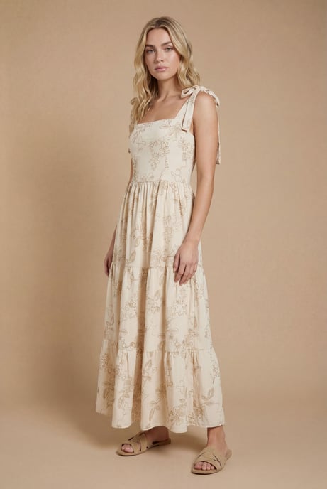Metallic Embroidered Floral Strappy Tie Midi Dress - Image 1