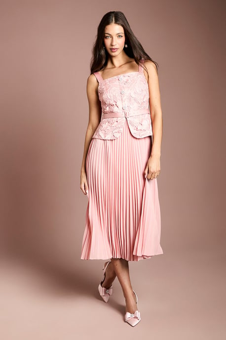 Lace Peplum Detail Belted Pleated Midi Dress - Image 1