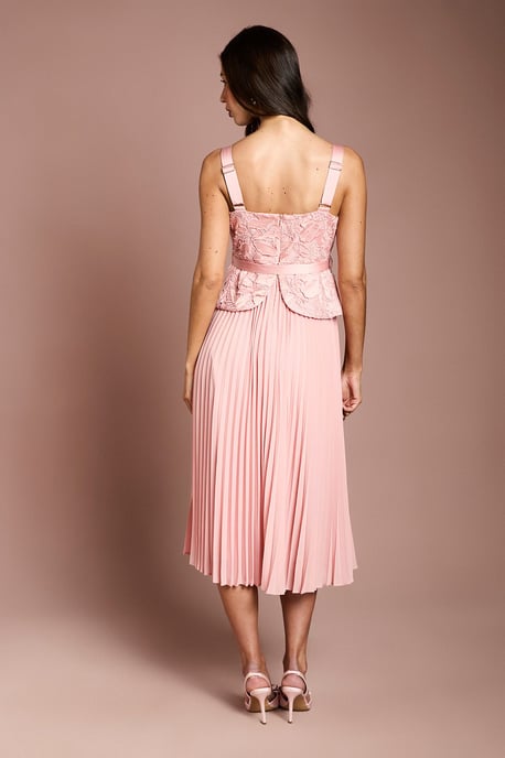 Lace Peplum Detail Belted Pleated Midi Dress - Image 3