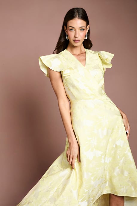 Jacquard Frill Sleeve Wrap High Low Midi Dress - Image 2