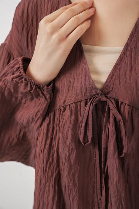 Textured Seersucker V-Neck Blouse with Bow Tie - Image 5