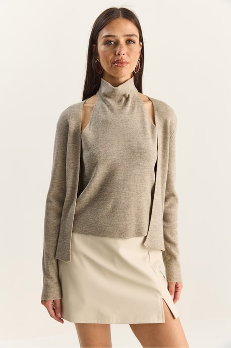 Halv Turtleneck Utskuret Ribbat Blus - Image 2