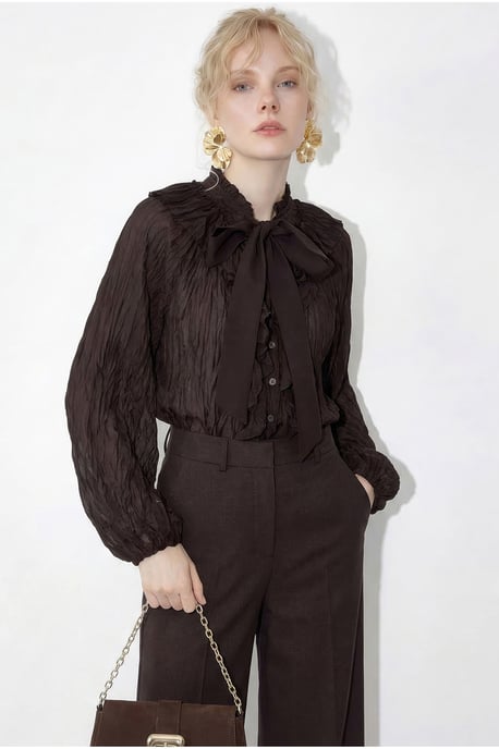 Knappad Crepe Blus med Slipsdetalj - Image 2