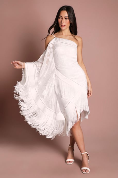 One Shoulder Fringe Detail Bridal Mini Dress - Image 1