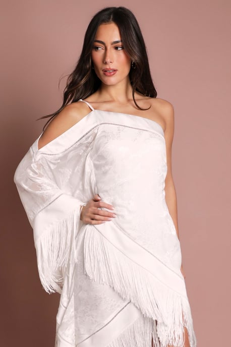 One Shoulder Fringe Detail Bridal Mini Dress - Image 4