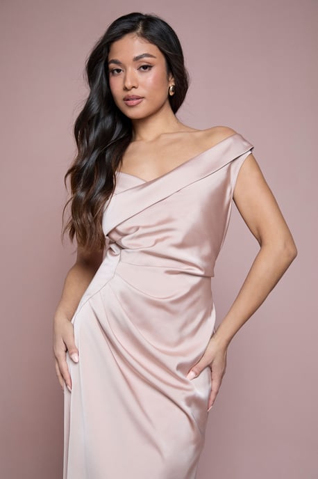 Petite Satin Bardot Bridesmaid Maxi Dress with Waist Ruching Detail - Image 2