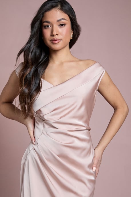 Petite Satin Bardot Bridesmaid Maxi Dress with Waist Ruching Detail - Image 4