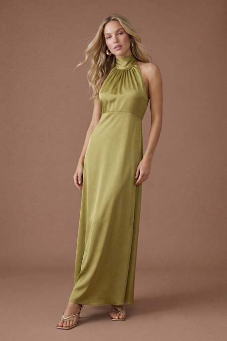 Olive Satin Halter Neck Maxi Bridesmaid Dress - Image 1