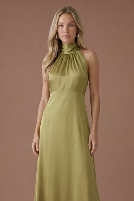Olive Satin Halter Neck Maxi Bridesmaid Dress - Image 2