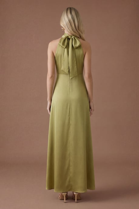 Olive Satin Halter Neck Maxi Bridesmaid Dress - Image 3
