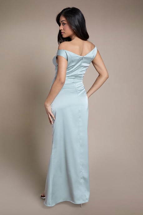 Petite Satin Bardot Bridesmaid Maxi Dress with Waist Ruching Detail - Image 3