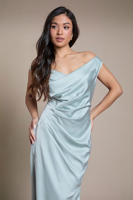 Petite Satin Bardot Bridesmaid Maxi Dress with Waist Ruching Detail - Image 4