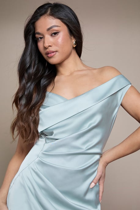 Petite Satin Bardot Bridesmaid Maxi Dress with Waist Ruching Detail - Image 5