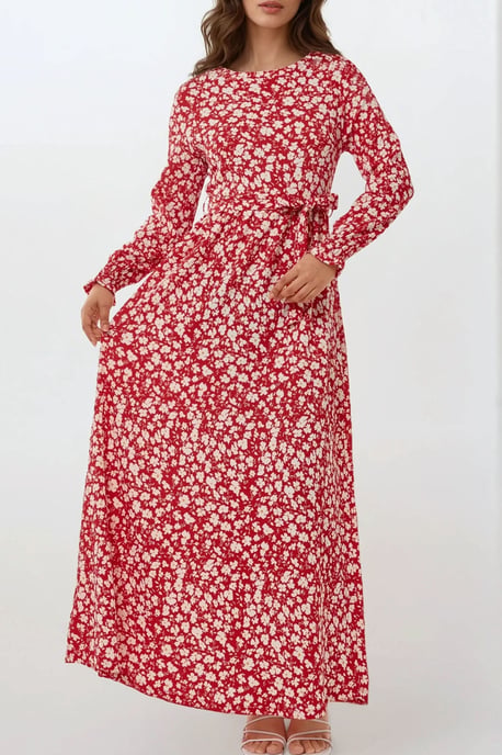 Bloemige Maxi Jurk met Ronde Hals en Ceintuur - Image 3