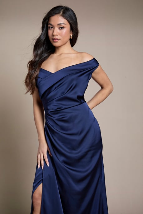 Petite Satin Bardot Bridesmaid Maxi Dress with Waist Ruching Detail - Image 2