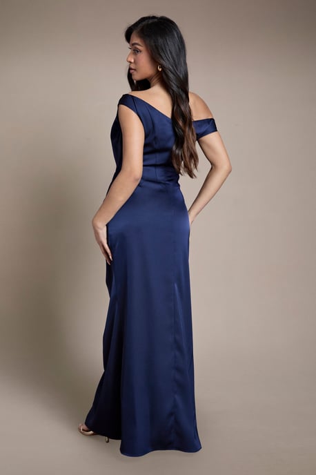 Petite Satin Bardot Bridesmaid Maxi Dress with Waist Ruching Detail - Image 3