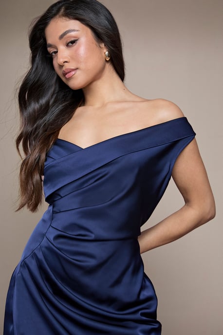 Petite Satin Bardot Bridesmaid Maxi Dress with Waist Ruching Detail - Image 4