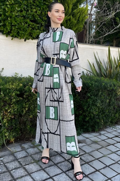 Geometrische Print Maxidress met Ceintuur en Mandarin Collar - Image 1