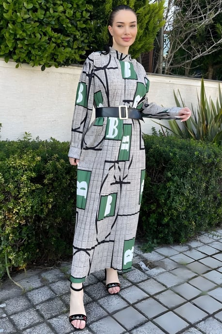 Geometrische Print Maxidress met Ceintuur en Mandarin Collar - Image 3