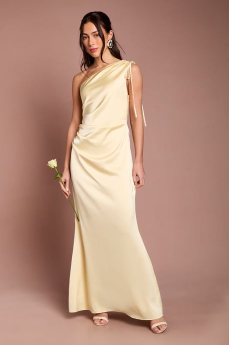 Butter Yellow Ruched Side Detail One Shoulder Satin Maxi Bridesmaid Dress - Image 1