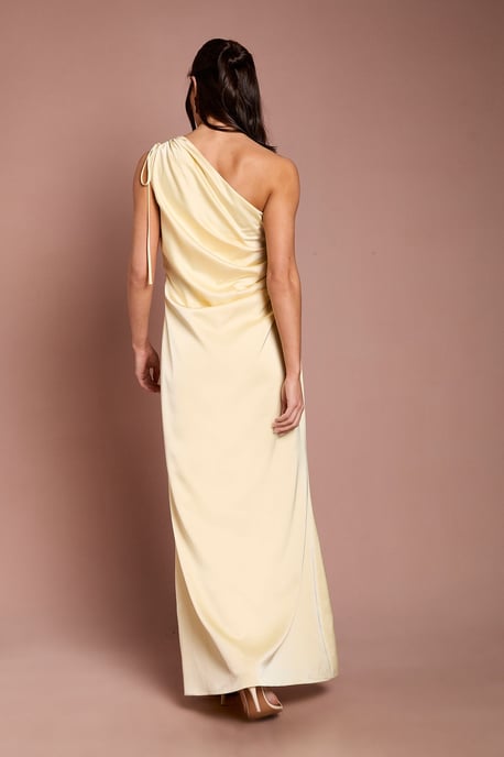 Butter Yellow Ruched Side Detail One Shoulder Satin Maxi Bridesmaid Dress - Image 3