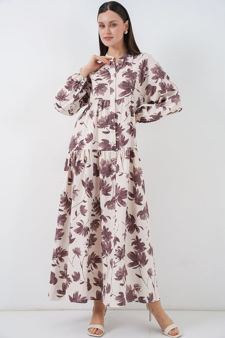 Floral Maxi Dress with Mandarin Collar and Button Closure - Image 1