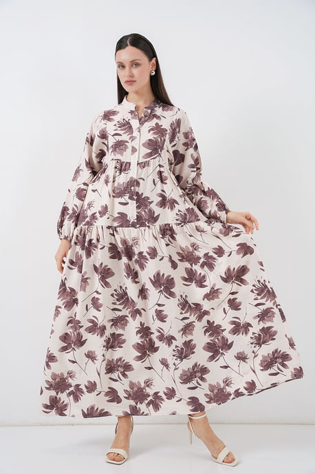 Floral Maxi Dress with Mandarin Collar and Button Closure - Image 2