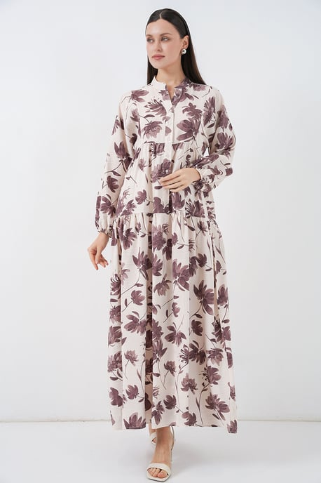 Floral Maxi Dress with Mandarin Collar and Button Closure - Image 3