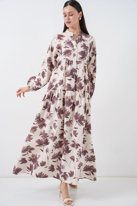 Floral Maxi Dress with Mandarin Collar and Button Closure - Image 4