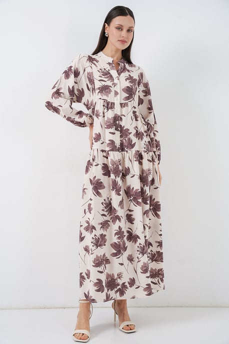 Floral Maxi Dress with Mandarin Collar and Button Closure - Image 5