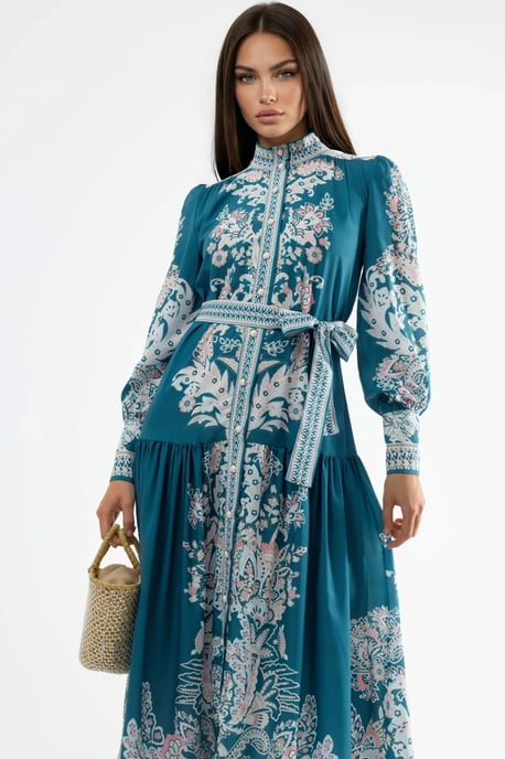 Maxi-jurk met Mandarin-kraag en riem - Image 2