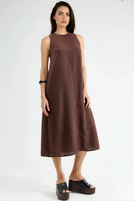 Linnenlook Mouwloze Crew Neck Midi Jurk - Image 1