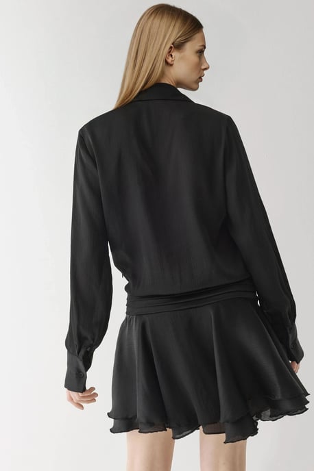 Ruffle Drape Long Sleeve Mini Dress with Shirt Collar - Image 2