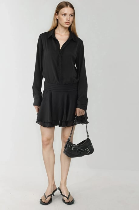 Ruffle Drape Long Sleeve Mini Dress with Shirt Collar - Image 3