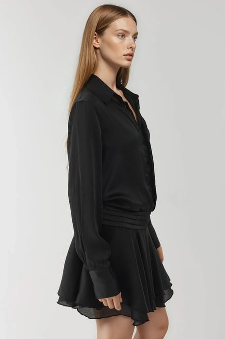 Ruffle Drape Long Sleeve Mini Dress with Shirt Collar - Image 4